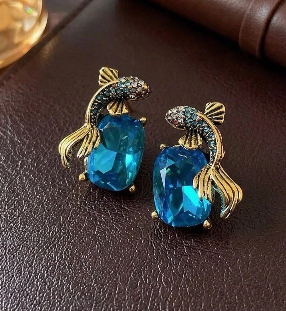 Art Deco Fish Koi Earrings VTG Gold Goldfish Revival Gemstone Palace Museum CZ